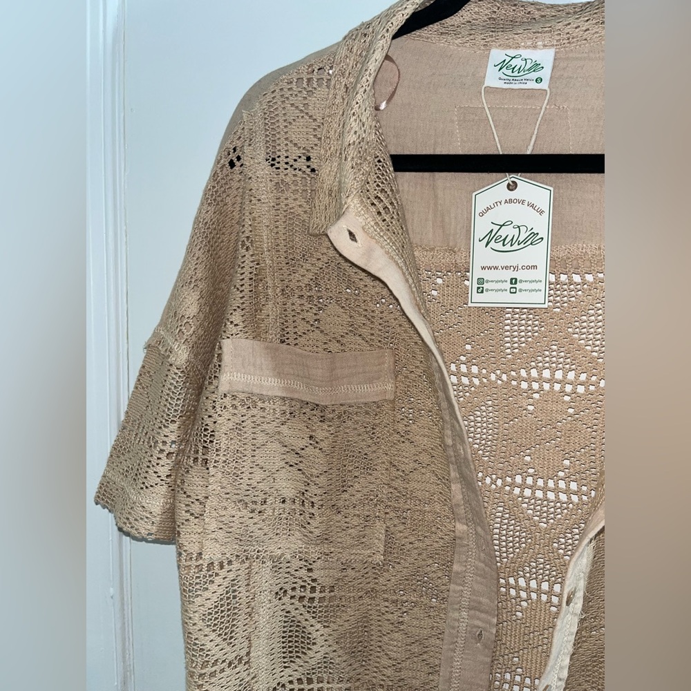Desert Sand Open Crochet Button Up Short Sleeve Top - Picture 4 of 10